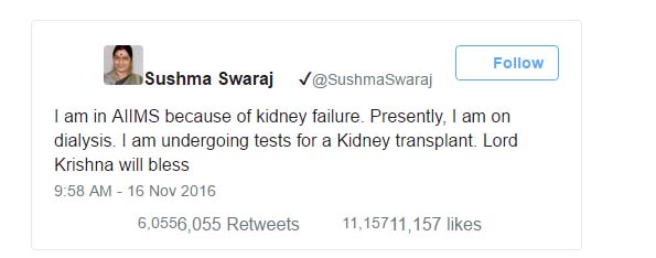 Huge response for Sushma Swaraj on Kidney donation 