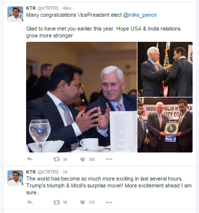 KTR congrajulates VP- USA Mike Pence