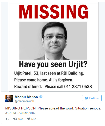 RBI Governor Urjit Patel missing 