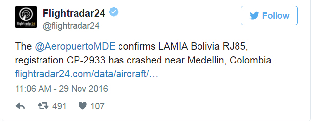 Plane ‘carrying football team from Brazil’ crashes in Colombia