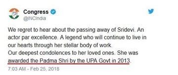 Congress removes Sridevi condolence tweet after Twitter backlash ...